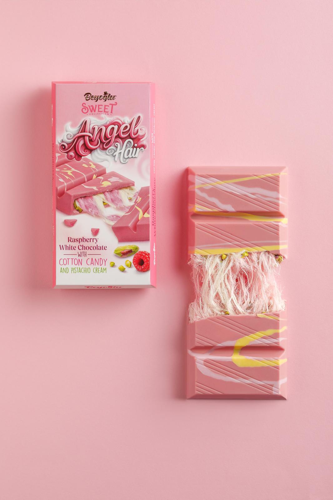 BEYOGLU ANGEL HAIR RASPBERRY WHITE CHOCOLATE | Biała czekolada o smaku malinowym z turecką watą cukrową i kremem pistacjowym 170g