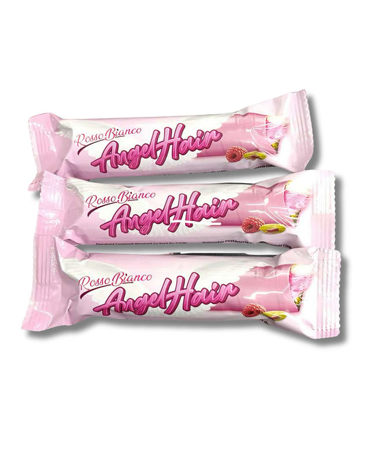 ROSSO BIANCO RASPBERRY ANGEL HAIR | Baton z watą cukrową, kremem pistacjowym i białą czekoladą o smaku malinowym 40g