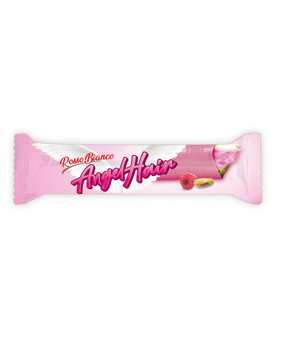 ROSSO BIANCO RASPBERRY ANGEL HAIR | Baton z watą cukrową, kremem pistacjowym i białą czekoladą o smaku malinowym 40g