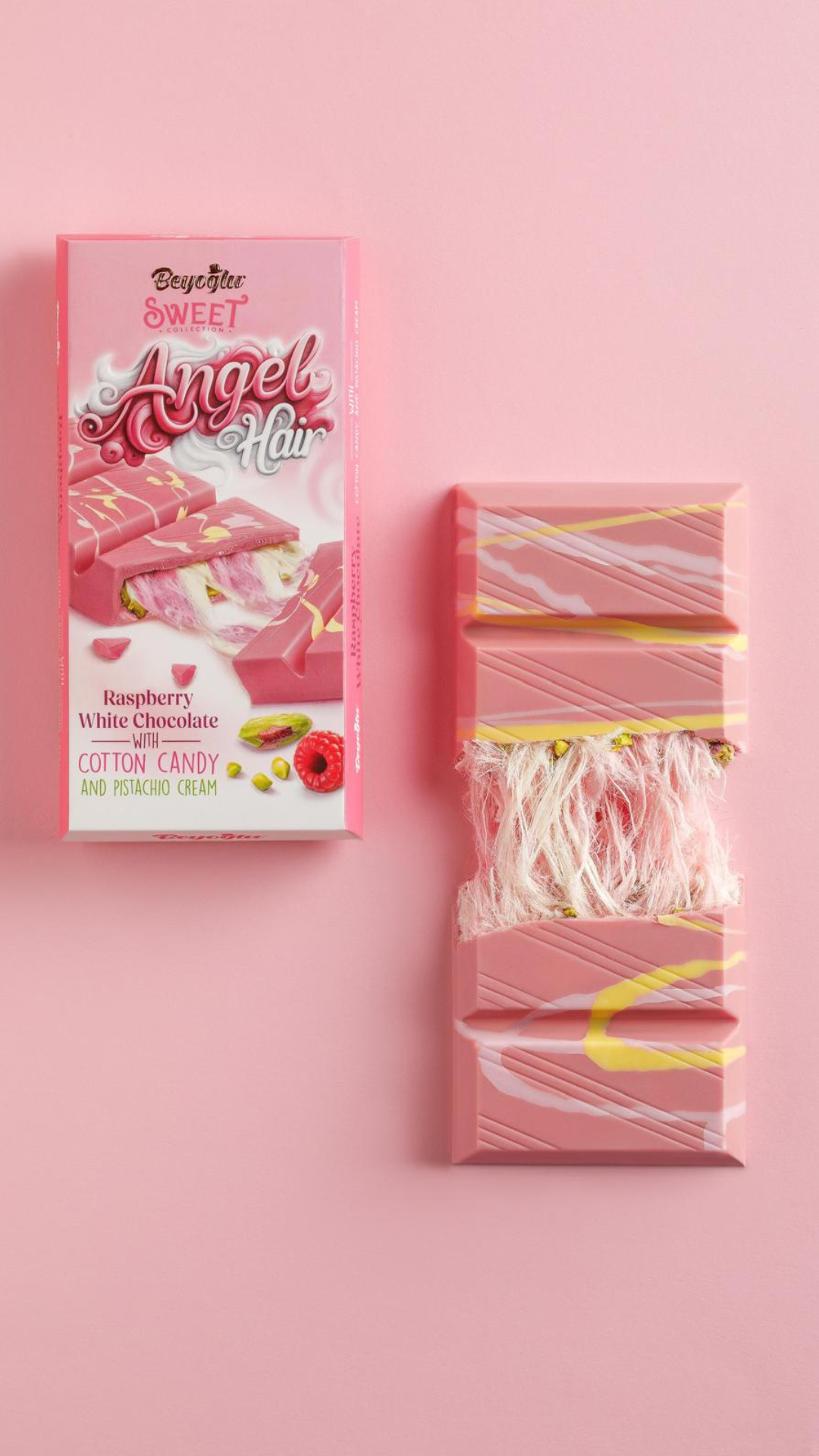BEYOGLU ANGEL HAIR RASPBERRY WHITE CHOCOLATE | Biała czekolada o smaku malinowym z turecką watą cukrową i kremem pistacjowym 80g