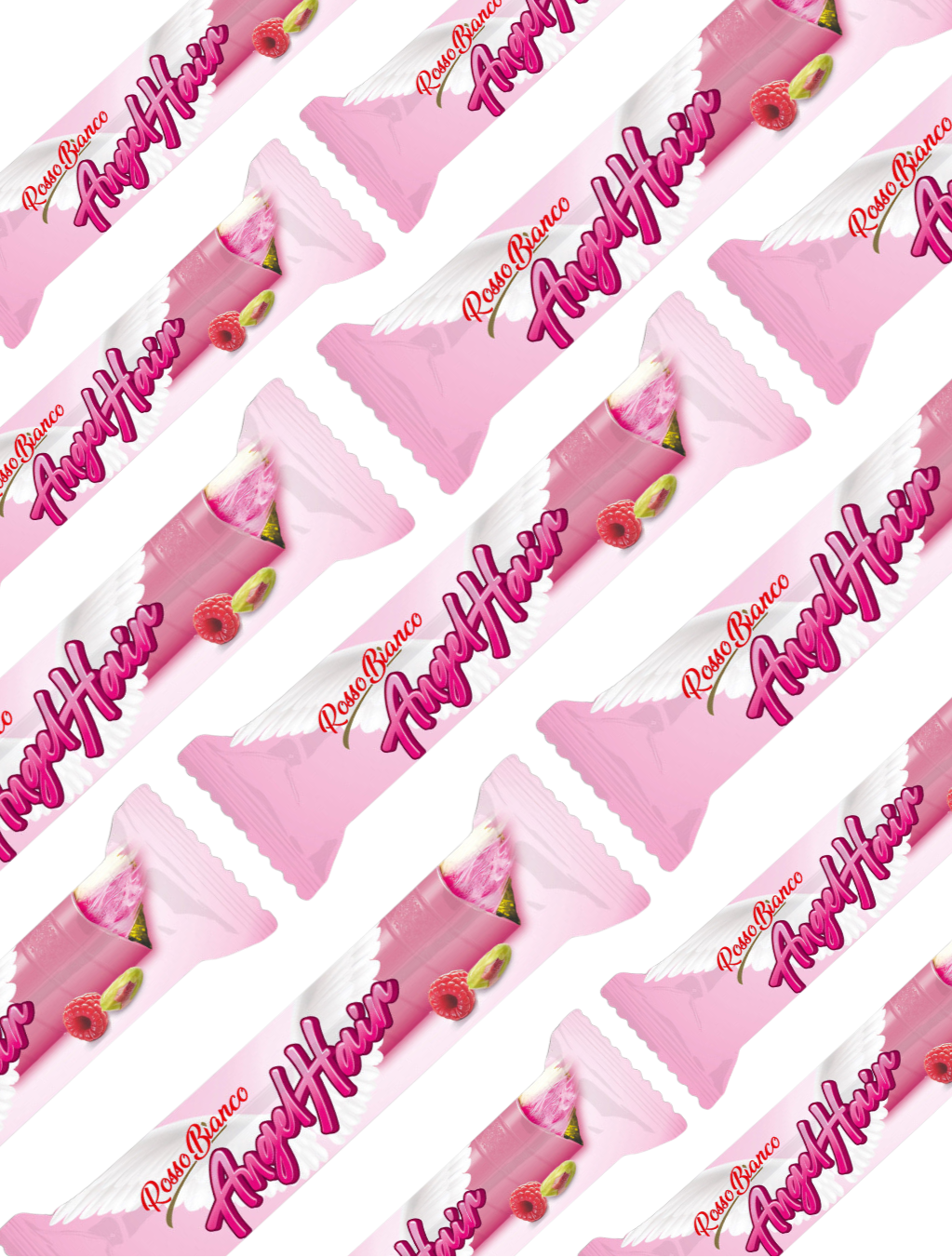 Zestaw 10 sztuk – ROSSO BIANCO RASPBERRY ANGEL HAIR Baton z watą cukrową, kremem pistacjowym i białą czekoladą o smaku malinowym