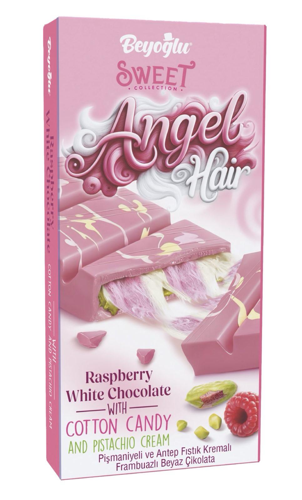 BEYOGLU ANGEL HAIR RASPBERRY WHITE CHOCOLATE | Biała czekolada o smaku malinowym z turecką watą cukrową i kremem pistacjowym 80g