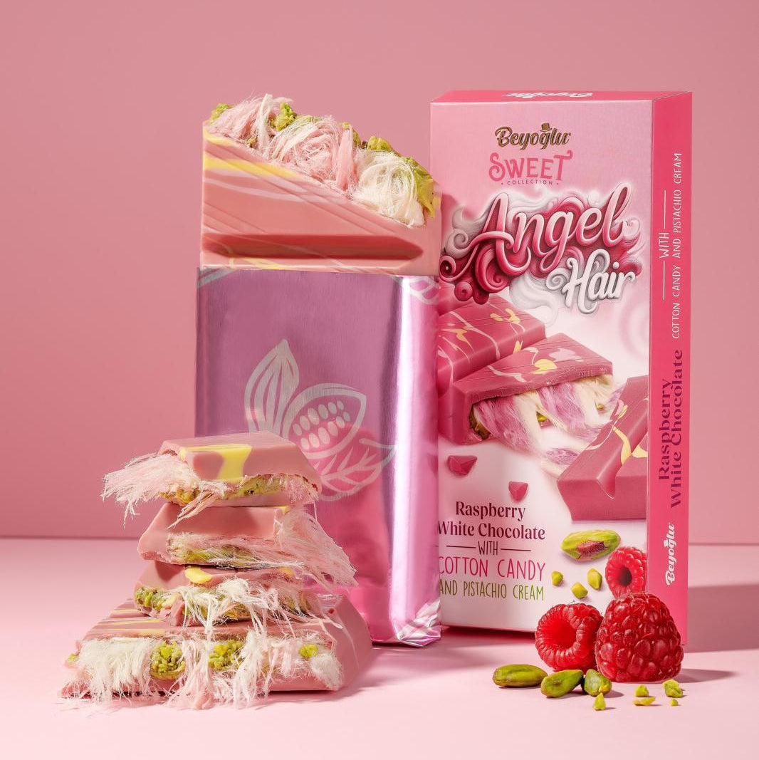BEYOGLU ANGEL HAIR RASPBERRY WHITE CHOCOLATE | Biała czekolada o smaku malinowym z turecką watą cukrową i kremem pistacjowym 170g