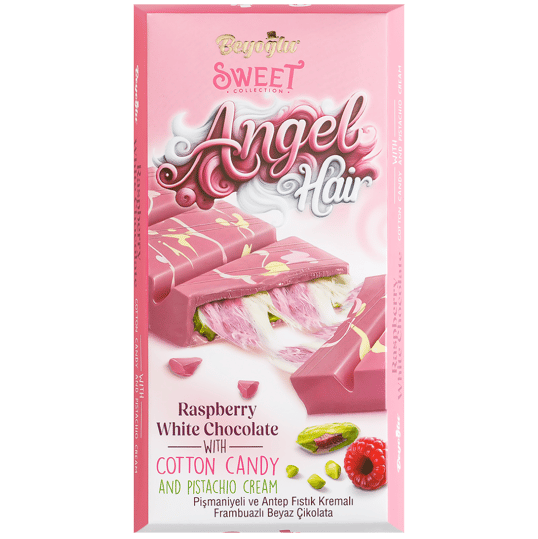 BEYOGLU ANGEL HAIR RASPBERRY WHITE CHOCOLATE | Biała czekolada o smaku malinowym z turecką watą cukrową i kremem pistacjowym 170g