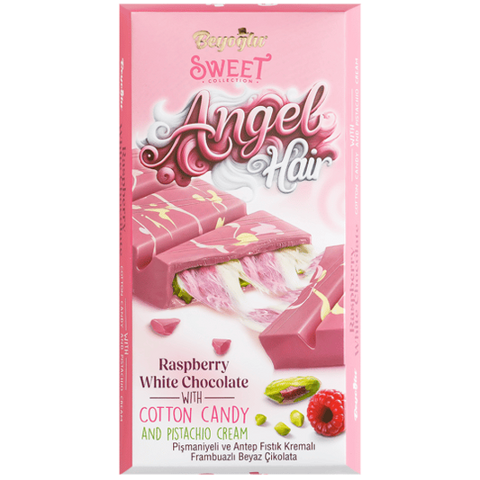 BEYOGLU ANGEL HAIR RASPBERRY WHITE CHOCOLATE | Biała czekolada o smaku malinowym z turecką watą cukrową i kremem pistacjowym 170g