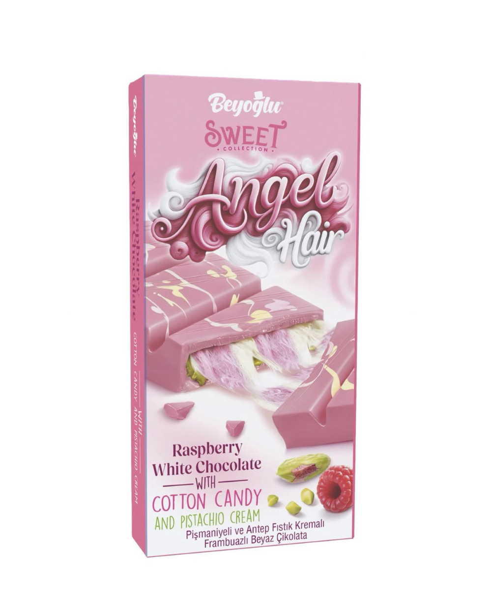 BEYOGLU ANGEL HAIR RASPBERRY WHITE CHOCOLATE | Biała czekolada o smaku malinowym z turecką watą cukrową i kremem pistacjowym 170g