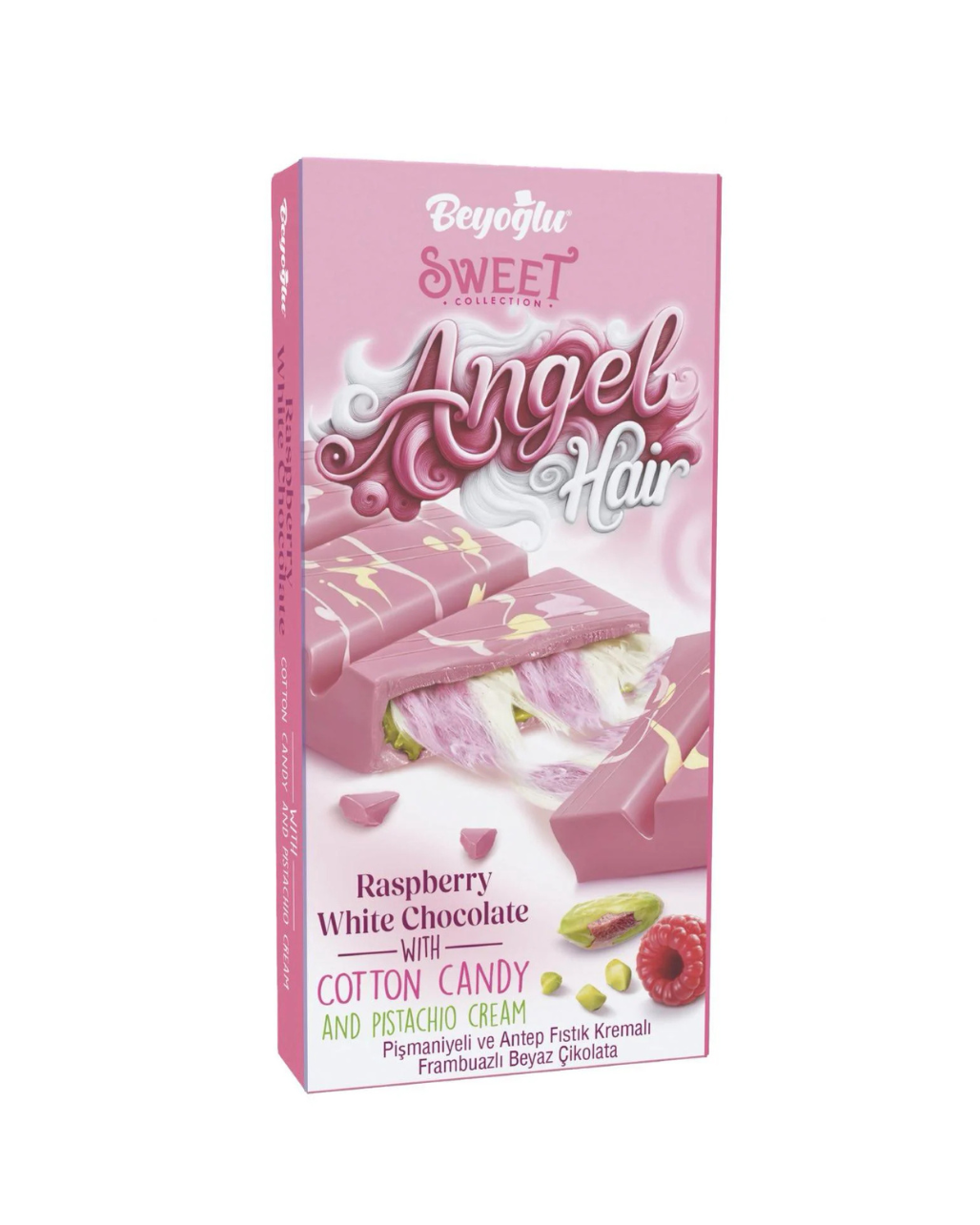 BEYOGLU ANGEL HAIR RASPBERRY WHITE CHOCOLATE | Biała czekolada o smaku malinowym z turecką watą cukrową i kremem pistacjowym 80g