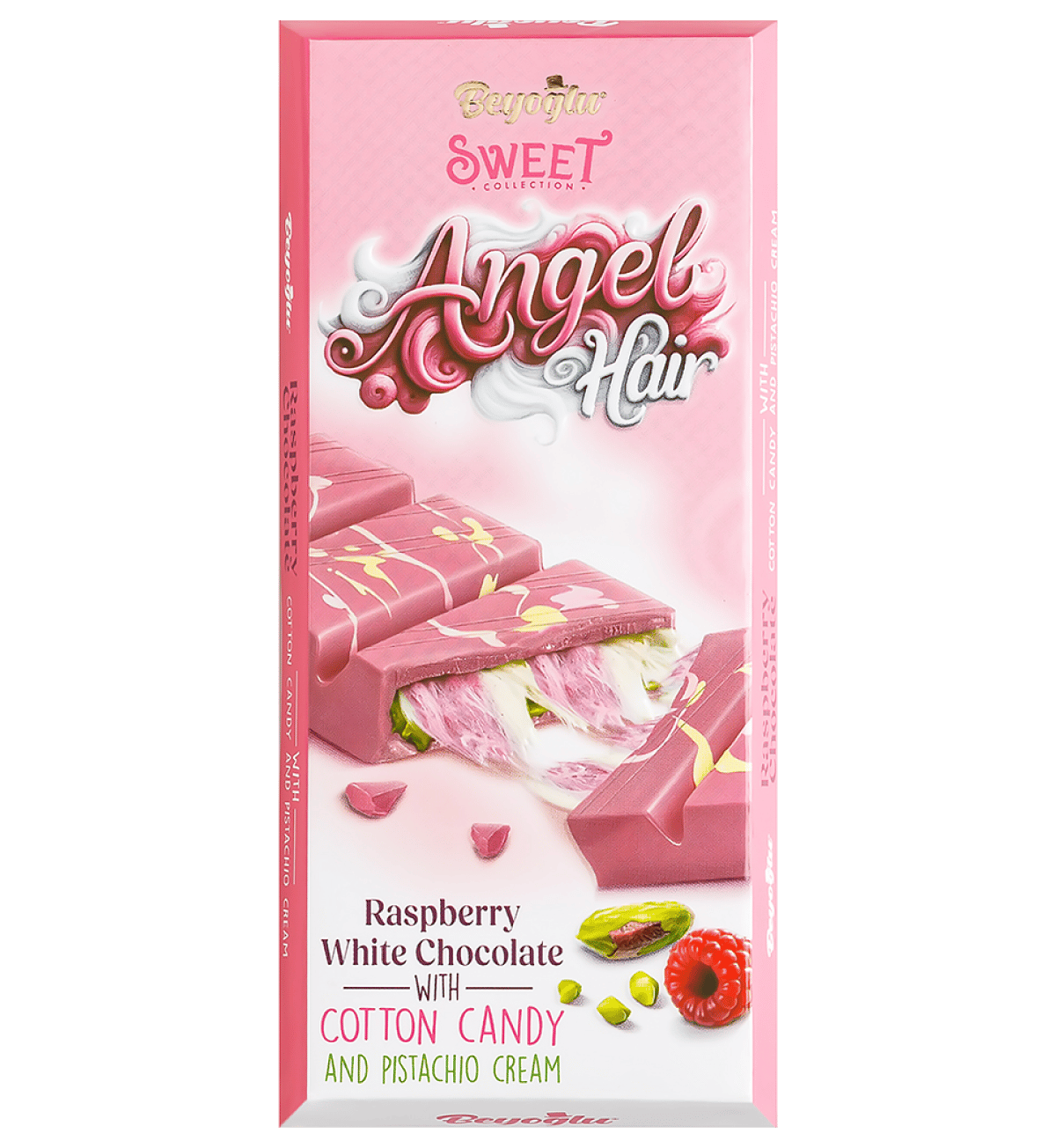 BEYOGLU ANGEL HAIR RASPBERRY WHITE CHOCOLATE | Biała czekolada o smaku malinowym z turecką watą cukrową i kremem pistacjowym 80g