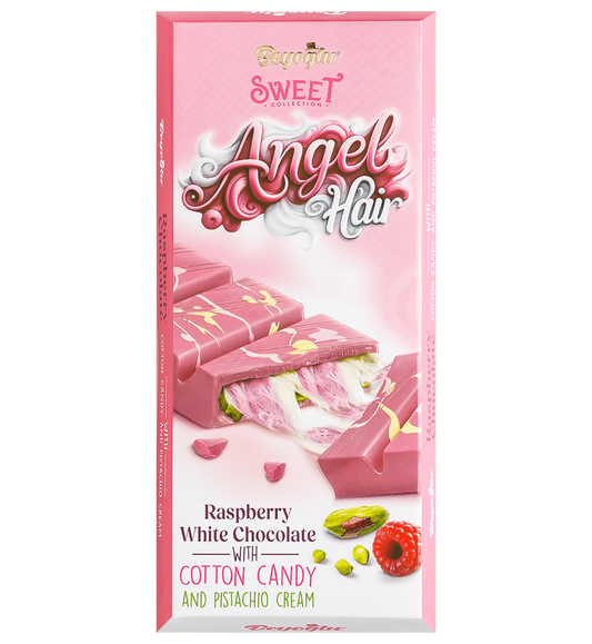 BEYOGLU ANGEL HAIR RASPBERRY WHITE CHOCOLATE | Biała czekolada o smaku malinowym z turecką watą cukrową i kremem pistacjowym 80g
