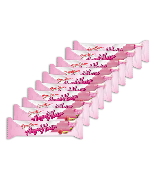 Zestaw 10 sztuk – ROSSO BIANCO RASPBERRY ANGEL HAIR Baton z watą cukrową, kremem pistacjowym i białą czekoladą o smaku malinowym